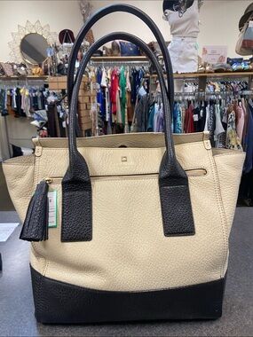 kate spade Two-Tone Pebble Leather Tote in Cream and Black